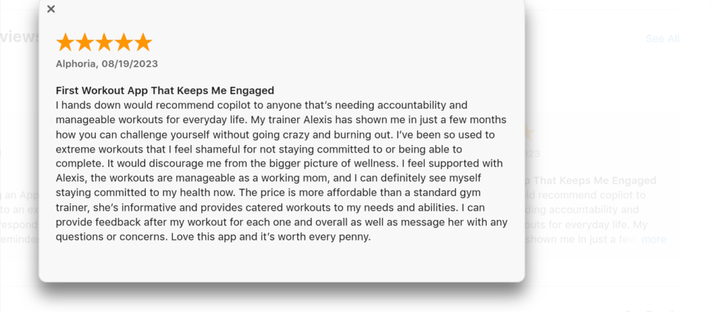 5-star user review of Trainwell Fitness app highlighting accountability, personalized workouts, and app experience