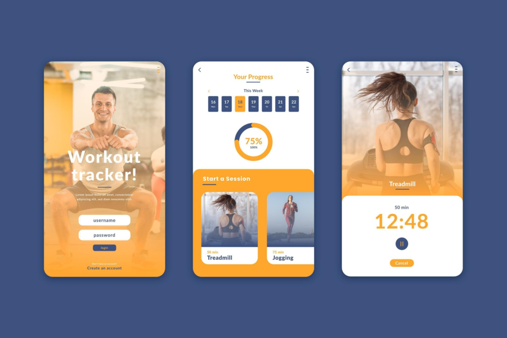 Mobile app interface showing workout tracker login screen, progress chart, and treadmill session in a fitness app.