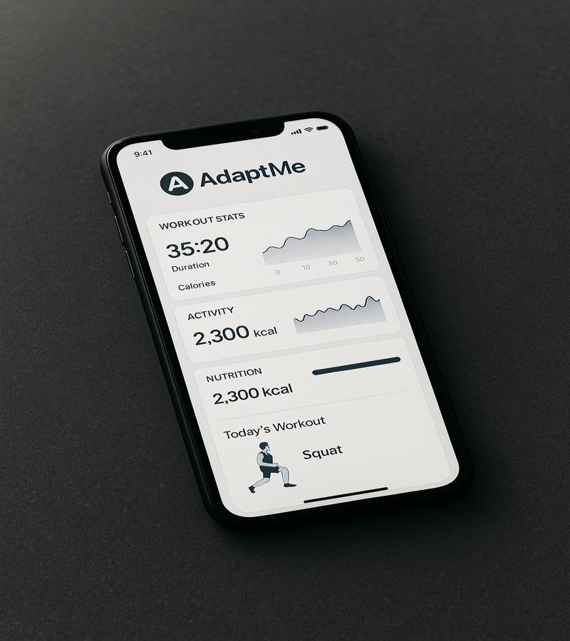 AlterMe fitness app dashboard displaying workout stats, calories burned, and today’s workout, optimized for mobile users