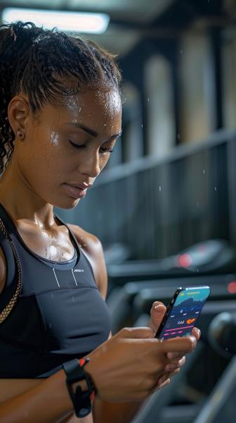 A woman in workout gear sweating and holding a smartphone displaying a colorful fitness app screen. Gym equipment and raindrops are visible in the background.