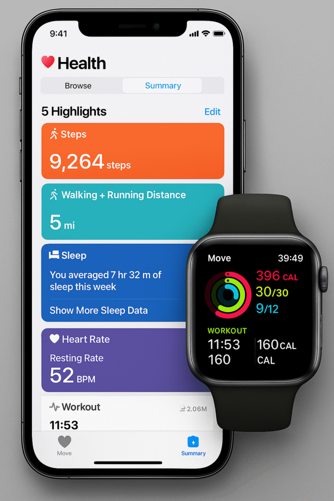 High-resolution dashboard view of Apple Health app on iPhone and Apple Watch, showing step count, sleep data, heart rate, workout stats, and activity rings with crisp, colorful interface.
