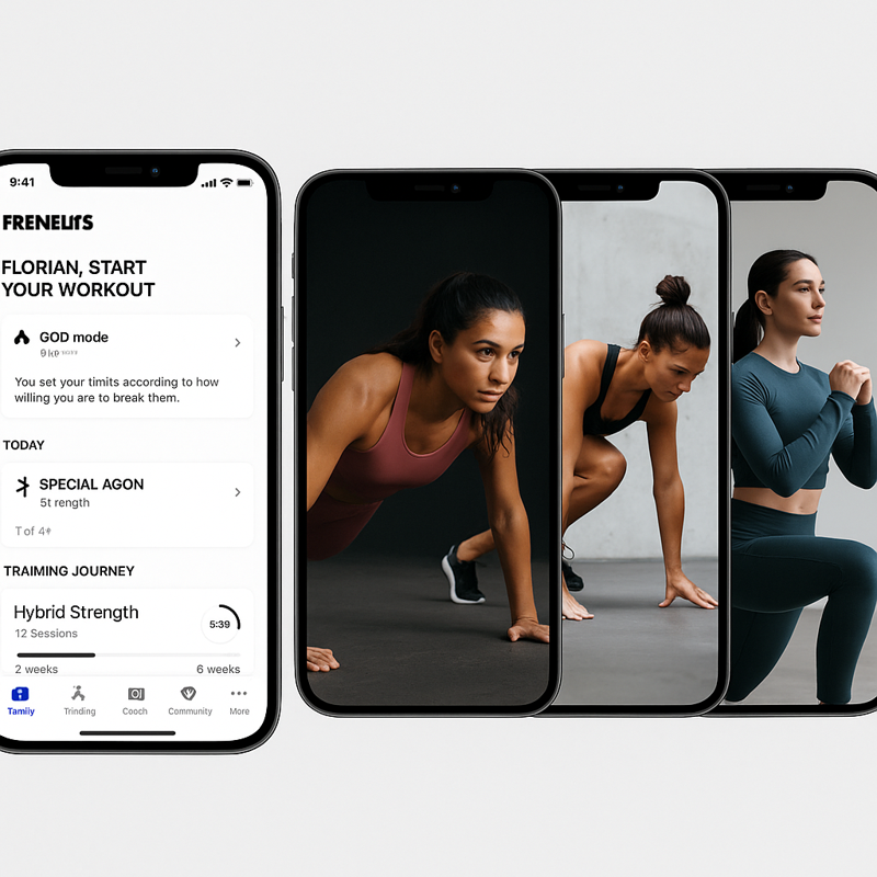 Three iPhones displaying women performing various workout exercises from the Freeletics app, including the app's dashboard with workout programs and features.