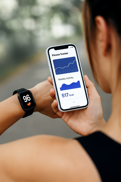 Woman checking fitness app data on smartphone while wearing smartwatch, tracking steps and heart rate