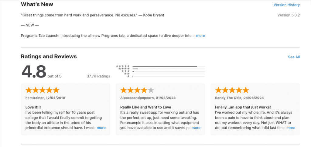 User reviews and ratings for the Shred Workout App on the App Store, showing a 4.8 out of 5 rating from over 37,000 users, with highlighted reviews praising workout setup, consistency, and effectiveness.