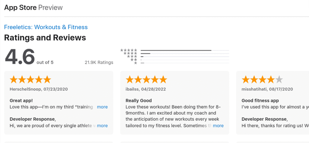 App Store review of Freeletics fitness app showing 4.6 out of 5 rating with user comments and developer responses
