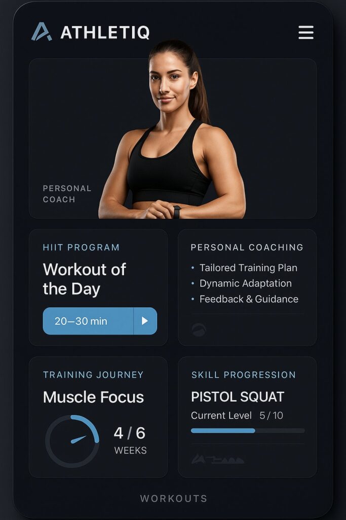 Dashboard view of the Athletiq fitness app featuring a female personal coach, daily HIIT program, tailored coaching, training journey progress, and skill progression tracking in a sleek modern interface.