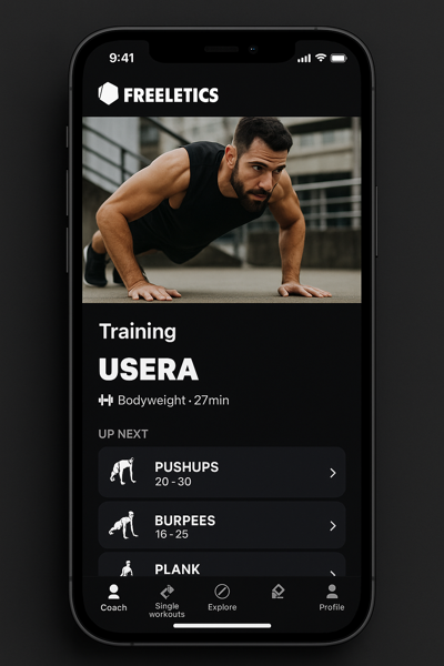 martphone screen displaying a sleek fitness app interface inspired by Freeletics App Review: showcasing a dashboard with sections for training, bodyweight workout plans, and upcoming exercises including push-ups, burpees, and planks