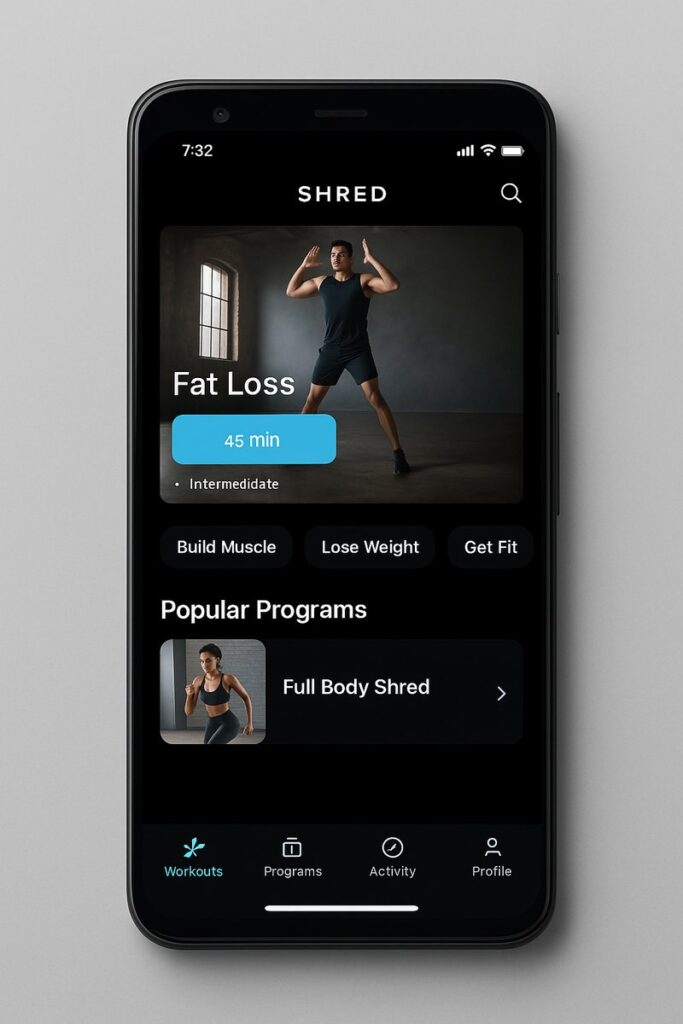 Shred App Review: Smartphone screen displaying Shred Workout App's fat loss training session interface with program options and workout categories in a sleek dark theme