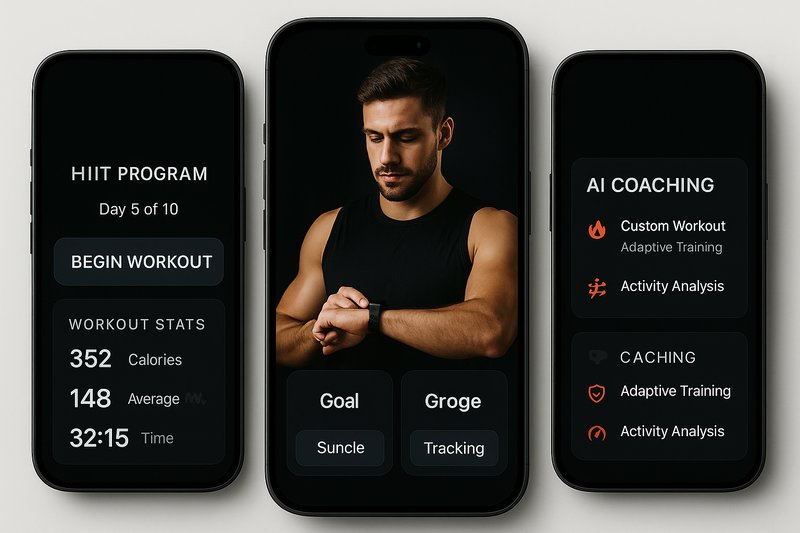 Three smartphone screens displaying a high-quality fitness app dashboard featuring a male athlete, showcasing advanced Shred-inspired features like HIIT tracking, AI coaching, and progress monitoring.