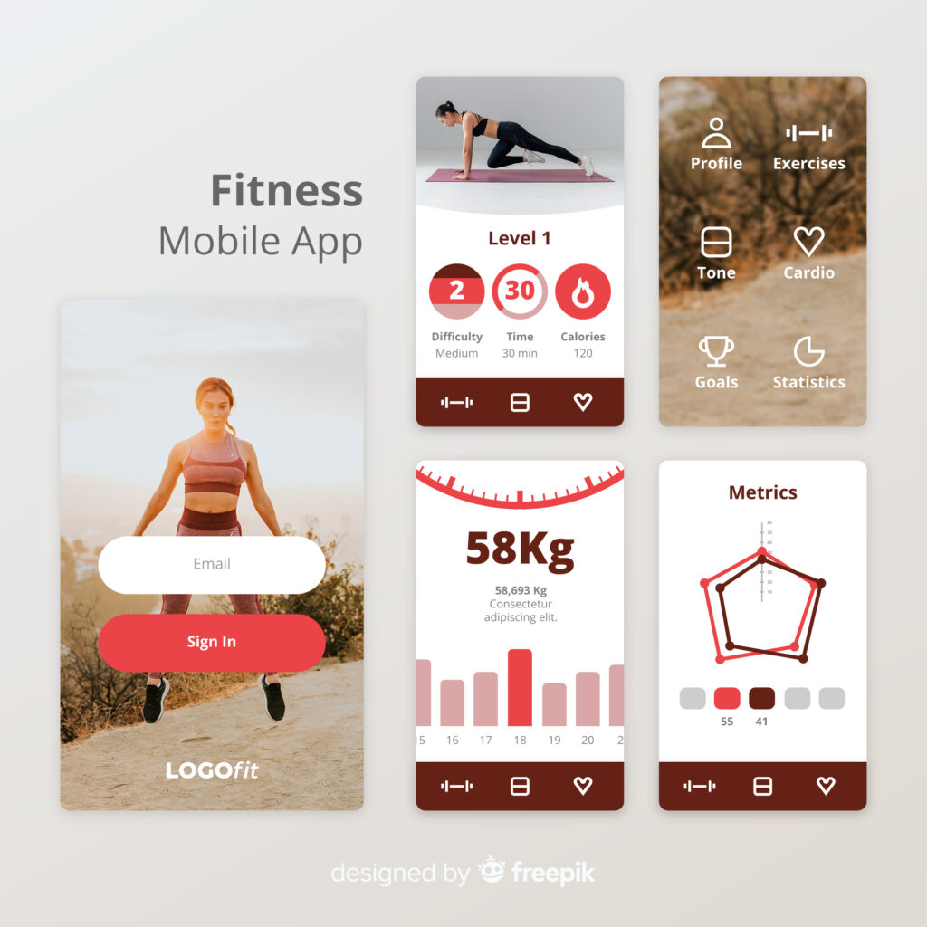 High-quality interface design of a fitness mobile app showcasing workout levels, sign-in screen, user profile, exercise categories, weight tracking, and performance metrics in a modern and clean layout