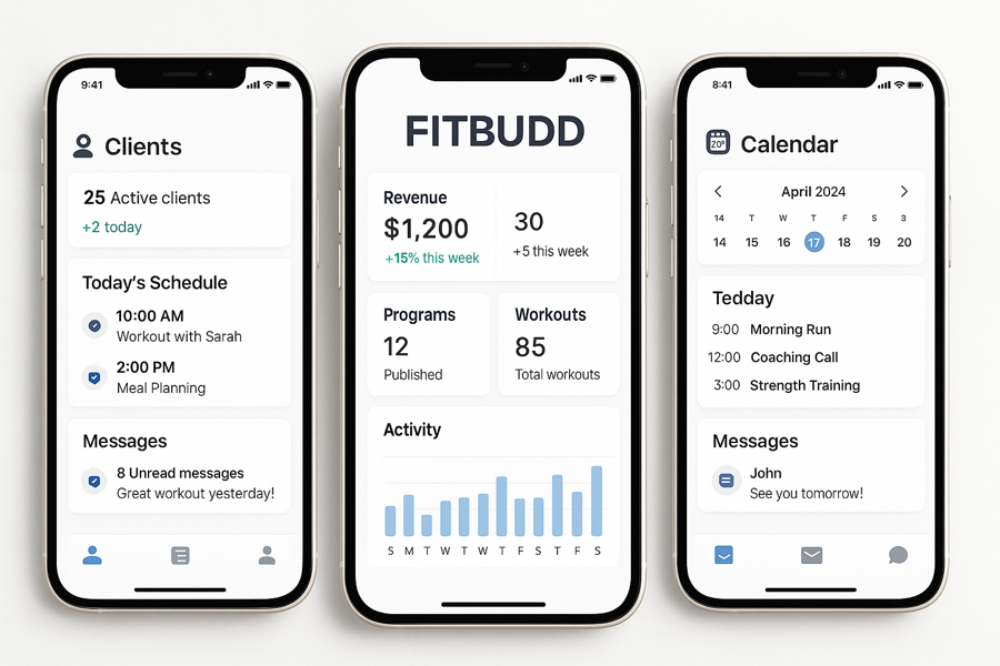 FitBudd Review: FitBudd app dashboard displayed on three white iPhones. Left phone shows client management with schedule and messages. Middle phone shows revenue, programs, workouts, and activity stats. Right phone displays calendar, appointments, and message preview.