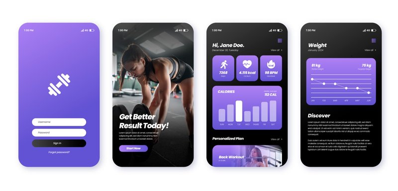 A mobile fitness app interface displayed across multiple screens with vibrant purple and black design, showing workout stats, graphs, and a motivational start screen.