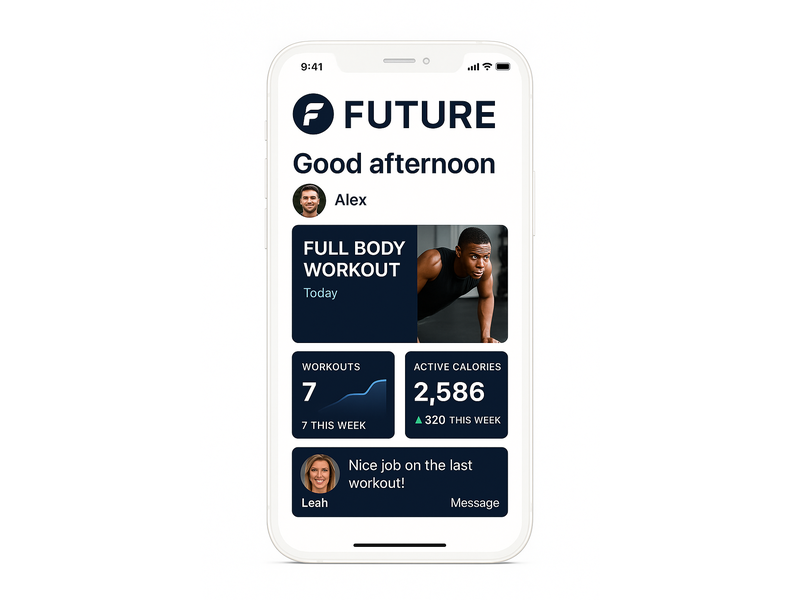 A white iPhone displaying a custom fitness app dashboard with workout summaries, progress stats, and a "FUTURE" logo, all on a white background.