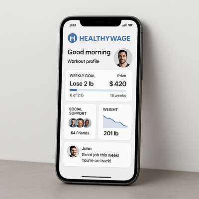 A modern smartphone displaying the HealthyWage app’s dashboard with a custom logo, male workout profile, and detailed progress stats, all set against a light background.