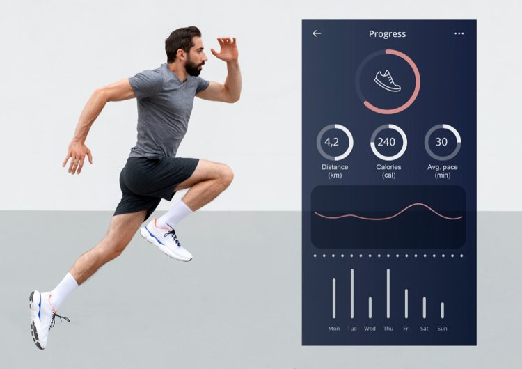A man in athletic gear mid-sprint next to a fitness app screen showing distance, calories burned, average pace, and weekly running progress in a clean, modern interface