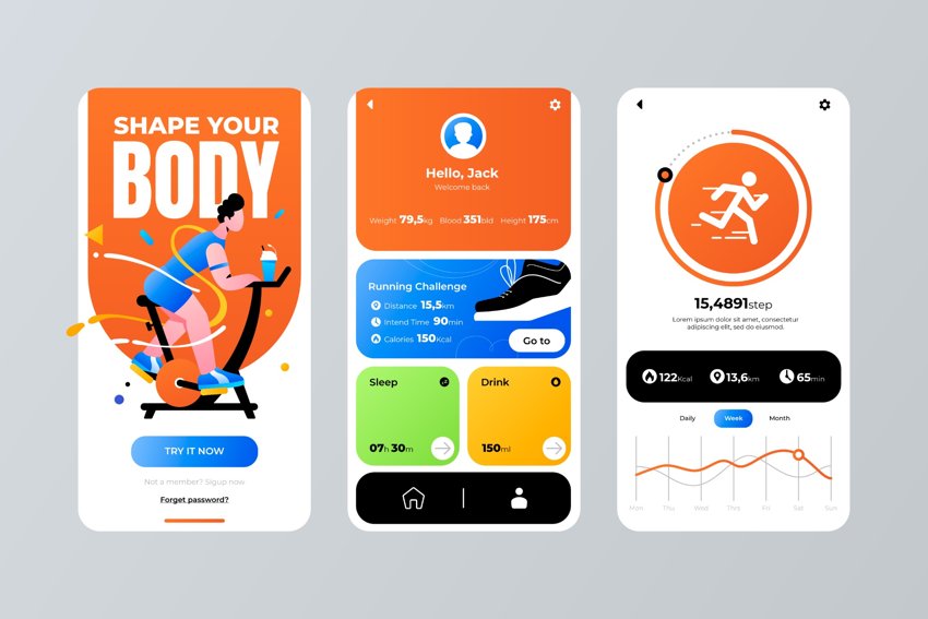 Three mobile screens of a vibrant fitness app titled 'Shape Your Body,' showcasing a woman on an exercise bike, user dashboard with health stats, and step tracking analytics with colorful visual data.