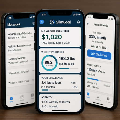 HealthyWage App Review: Three iPhones displaying the SlimGoal app interface, featuring a weight loss dashboard, challenge progress, and email notifications — a clean, high-quality visualization for digital fitness motivation and goal tracking