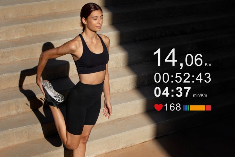 A woman in black workout clothes stretching her leg on concrete steps with sunlight casting shadows, while workout stats overlay displays distance, duration, pace, and heart rate data.