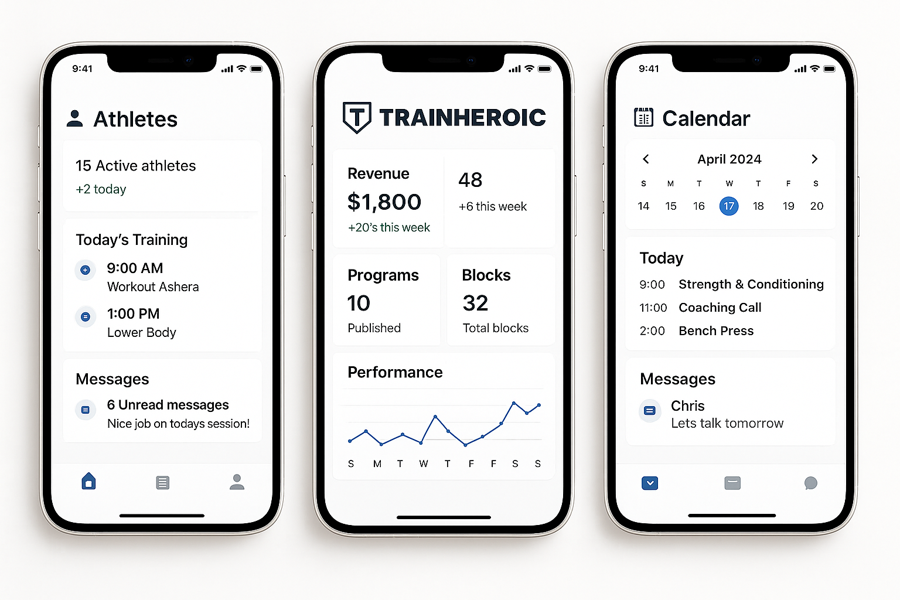 TrainHeroic app dashboard displayed on three white iPhones showing athlete management, revenue, training programs, performance tracking, and calendar scheduling.