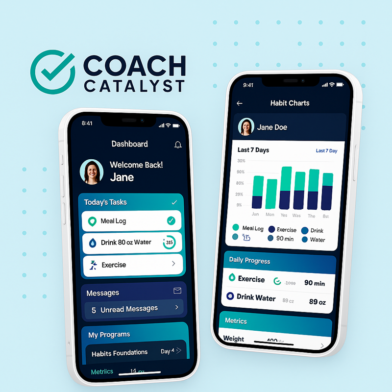 Coach Catalyst fitness coaching app showing dashboard and habit tracking charts on two iPhones