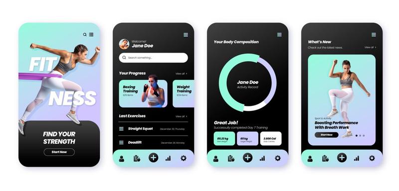 “Fitness app user interface showcasing workout progress, body composition, and training dashboard for mobile users.”