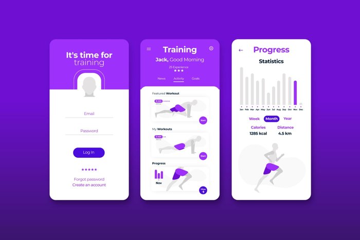 Mobile user interface screens of a fitness training app with a purple theme, showing login, workout plans, and progress tracking statistics.