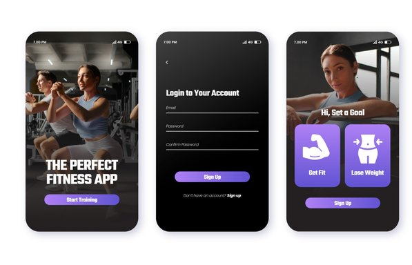 Everfit Coach Review: Mobile app user interface design for a fitness training application with login, workout goal selection, and 4-week fat loss program screens.