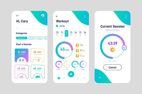 Fitness app user interface showing workout categories, session durations, daily workout statistics, and current workout session progress on mobile screens.