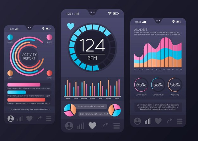 Fitness app interface showing activity reports, heart rate monitoring, and data analysis charts on mobile screens.