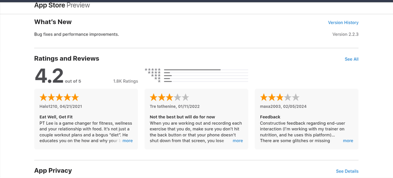 App Store ratings and reviews for My PT Hub with user feedback and average rating of 4.2 stars.