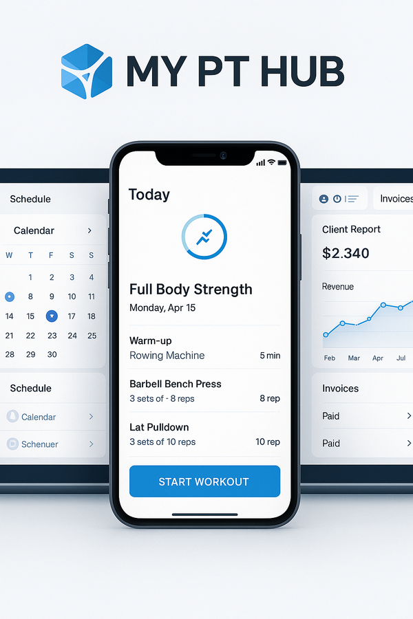 My PT Hub App Review: Dashboard preview of a fitness app with full-body workout plan, calendar, and revenue tracking on two iPhones