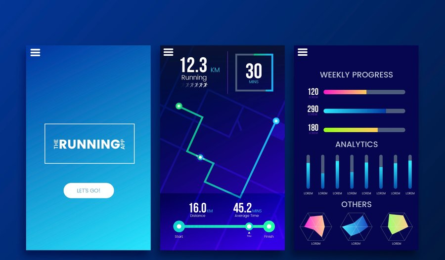 Running app interface showing distance, time, route tracking, weekly progress, and analytics data.