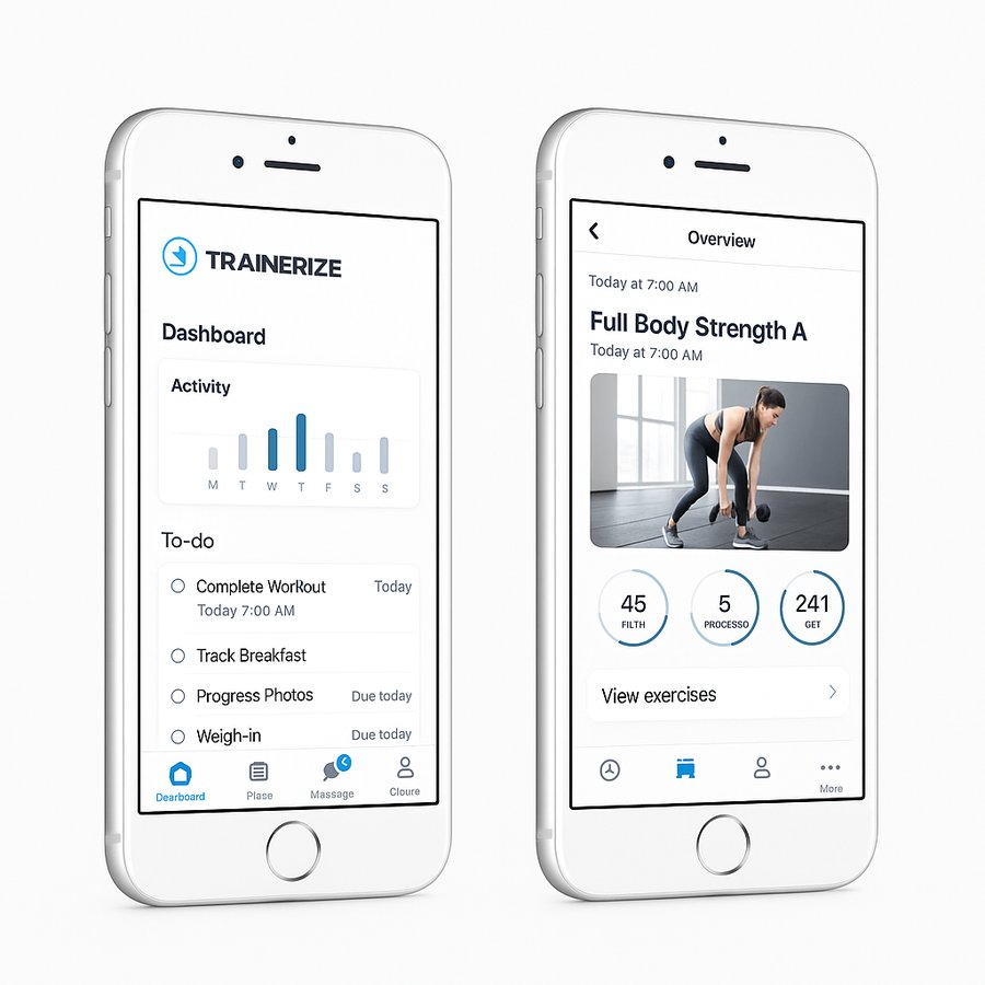 Two white iPhones displaying Trainerize app features, including workout plans, progress tracking, and client messaging, on a clean white background.
