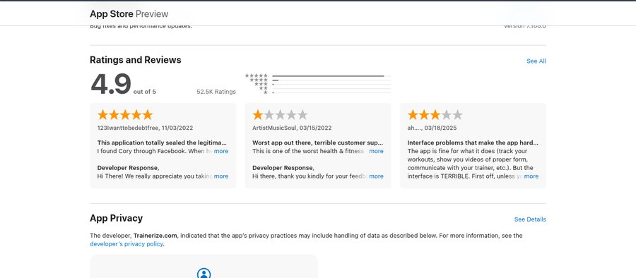 Trainerize app store ratings showing 4.9 out of 5 stars based on 52.5K reviews, with mixed user feedback on app performance and interface