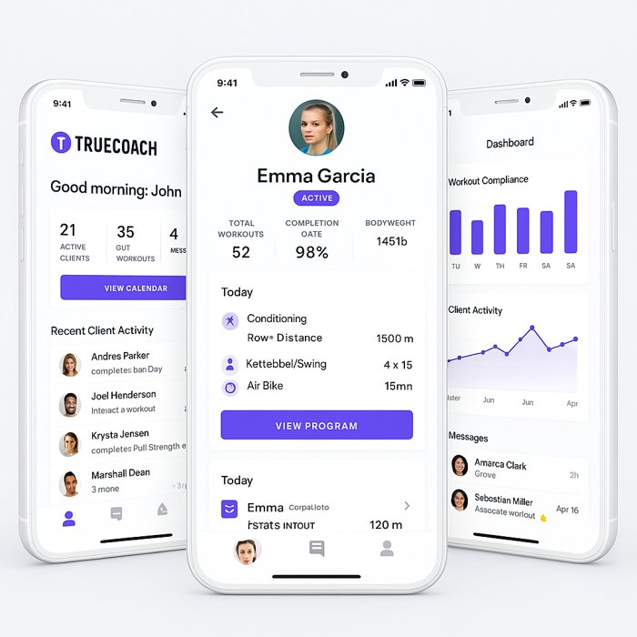 TrueCoach App Review: Three white iPhones displaying the TrueCoach app dashboard, showing workout stats, client activity, and progress charts with a clean modern interface.