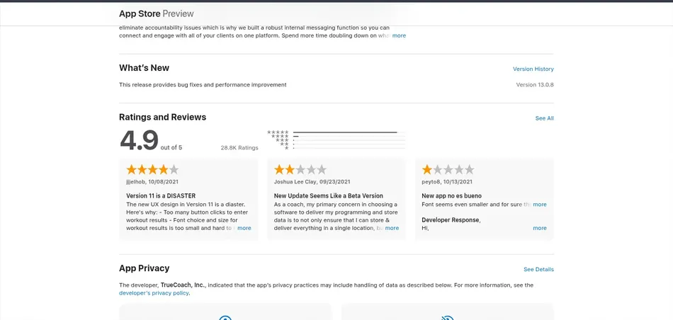 Screenshot of TrueCoach reviews on the App Store with ratings and user comments
