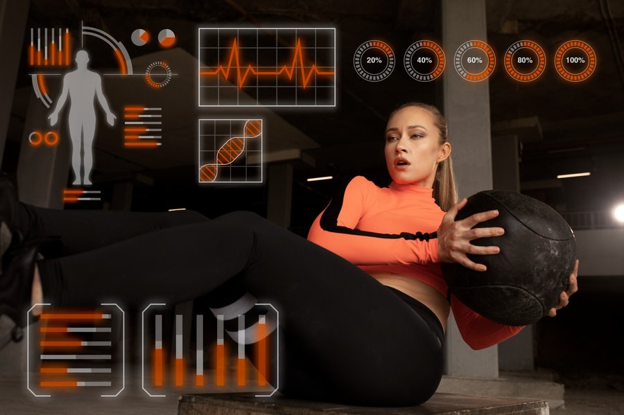 Woman performing core exercise with medicine ball, surrounded by digital fitness data and performance stats overlays.