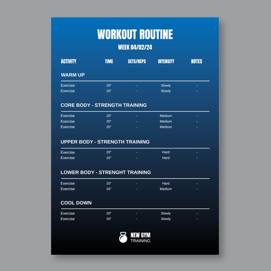 Weekly workout routine schedule template for strength training and fitness planning