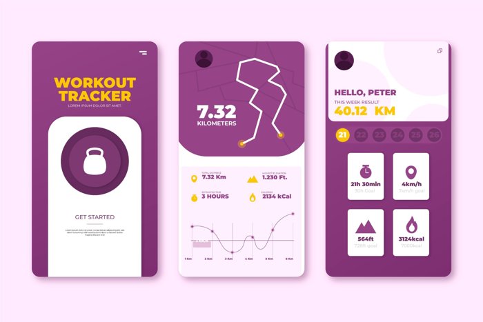 Three mobile screens showcasing a workout tracker app with route tracking, distance, calories burned, and weekly fitness goals in a purple and yellow theme.