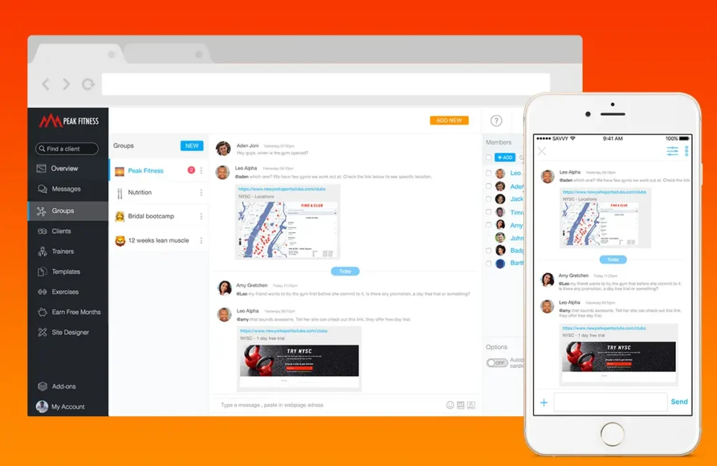 ABC Trainerize groups and messaging dashboard showing client communication, group chats, and in-app engagement features