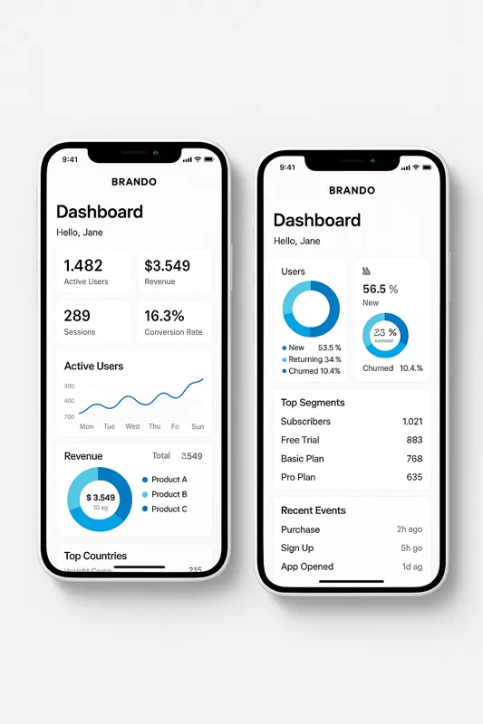 Two white smartphones showing the Brando app dashboard with detailed analytics, charts, and user segments on a light background.