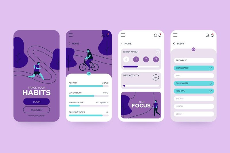 Illustration of a fitness habit tracking app interface with water intake, exercise goals, and daily activity overview