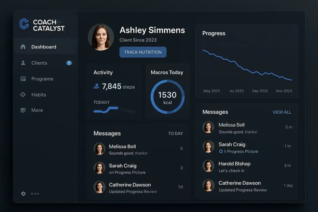 Coach Catalyst dashboard showing habit tracking, nutrition, and client progress in a sleek all-in-one coaching app