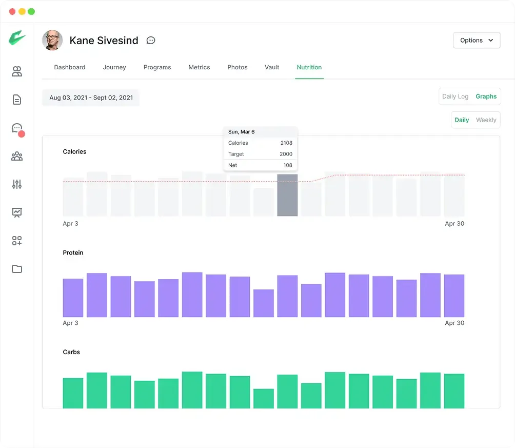 Coach Catalyst nutrition tracking dashboard showing calories, protein, and carbs progress for clients