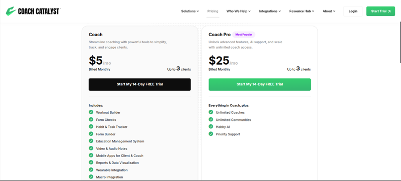 Screenshot showing Coach Catalyst's pricing plans with features for Coach and Coach Pro tiers.