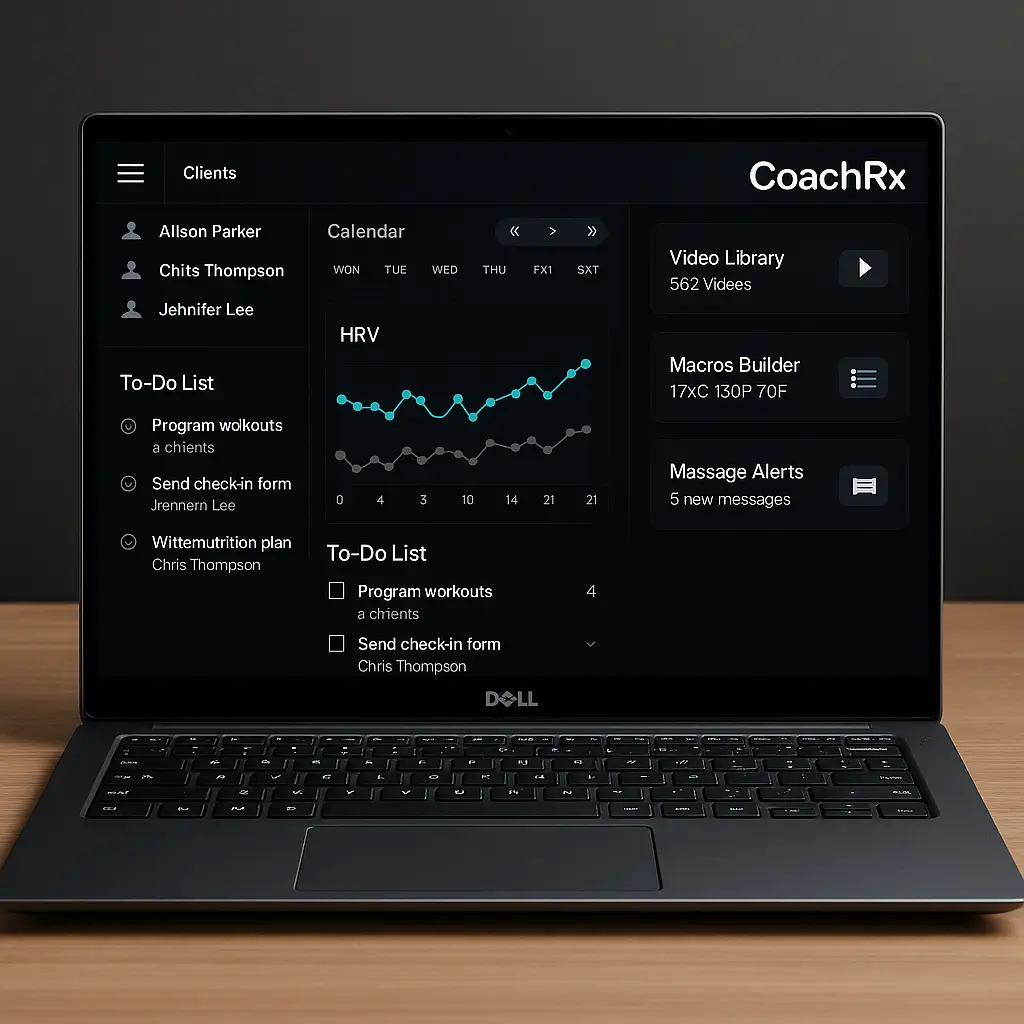 Dell laptop showing CoachRx fitness software dashboard with unique training features and tools.