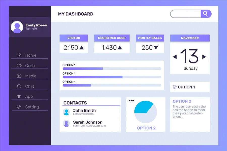 Modern dashboard interface of HubFit app in a purple theme, showing user stats, calendar, contacts, and coaching options.