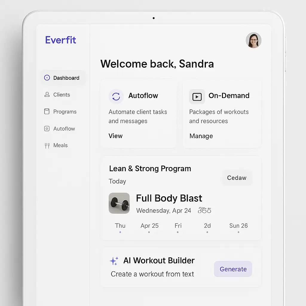 Everfit dashboard on iPad showing Autoflow, On-Demand, and AI Workout Builder features.