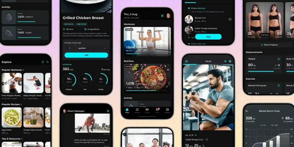 FitBudd fitness app interface with training plans, meal logging and progress charts