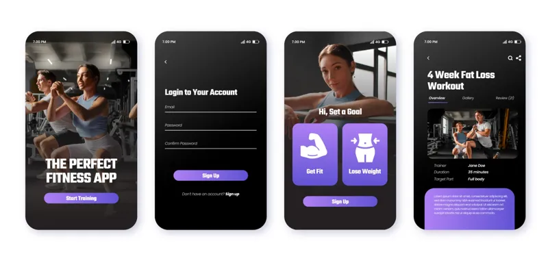 Four mobile screens displaying a fitness app onboarding flow, including login, goal setting, and a fat loss workout program with trainer details.